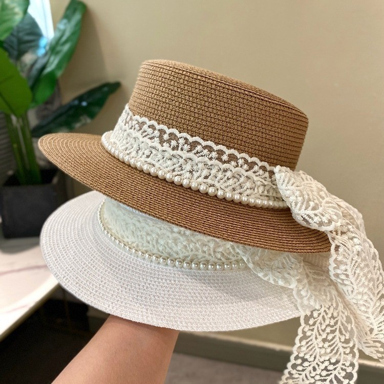 Womens Wide Brim Straw Sun Hat with Lace Bow and Pearl Band
